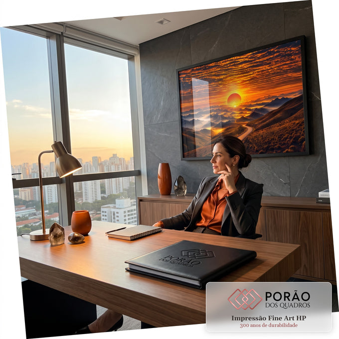 Quadro Decorativo Grande Pôr do Sol Paisagem para Sala | quadros decorativos | pôr do sol alaranjado sobre montanhas enevoadas com estrada sinuosa e pássaros em voo | em ambiente 2 | Porao dos Quadros