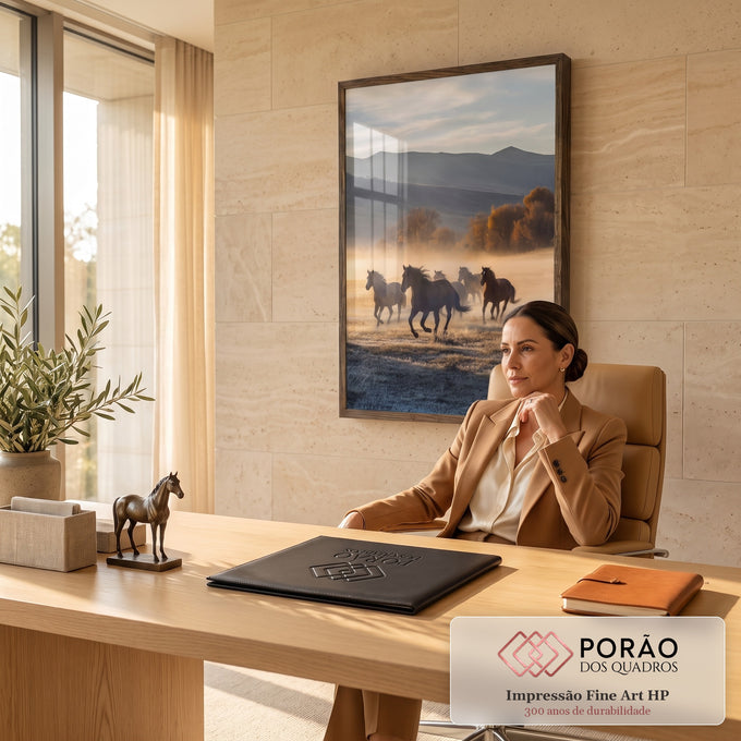 Quadro Decorativo Grande Cavalos Selvagens para Sala Marrom | quadros decorativos | cavalos correndo em campo com neblina dourada e montanhas ao fundo | em ambiente 2 | Porao dos Quadros