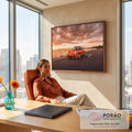 Porsche clássico laranja com aerofólio em estrada à beira-mar sob céu de pôr do sol, quadro decorativo