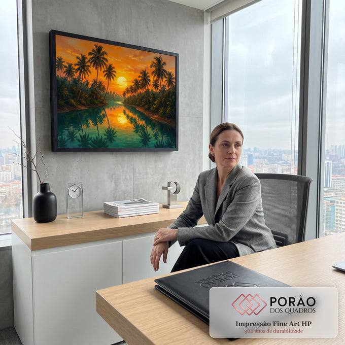 Quadro Decorativo Grande Pôr do Coqueiros para Sala Laranja | quadros decorativos | pôr do sol laranja entre coqueiros refletidos em rio verde-azulado | em ambiente 2 | Porao dos Quadros
