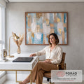Pintura abstrata em faixas azul-turquesa, bege e branco com textura e folha de ouro, quadro decorativo