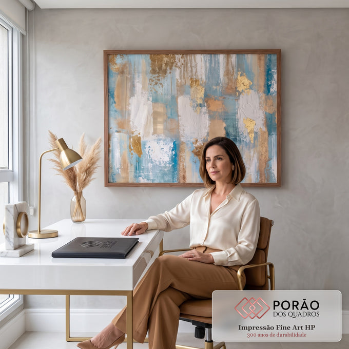 Pintura abstrata em faixas azul-turquesa, bege e branco com textura e folha de ouro, quadro decorativo