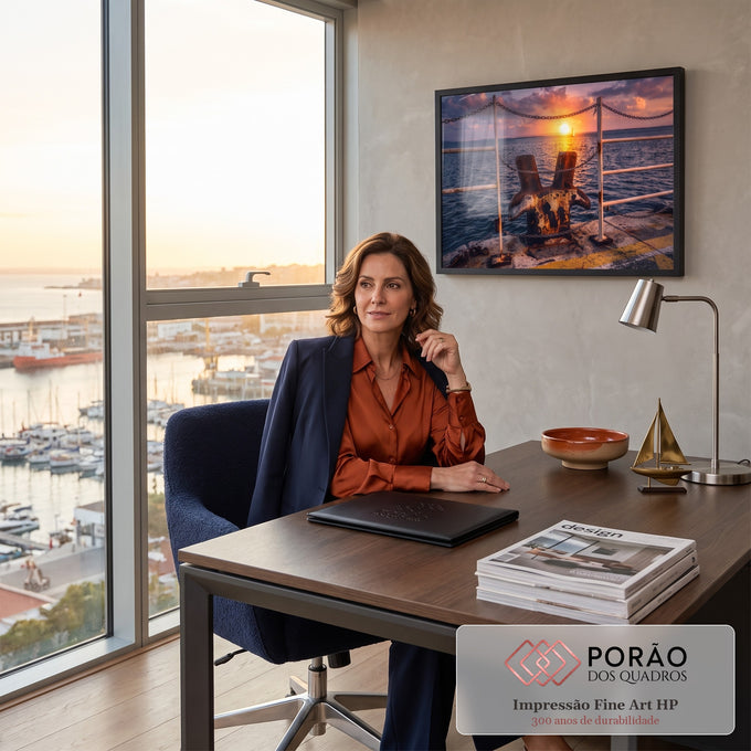 Quadro Decorativo Grande Pôr do Sol Píer para Sala | quadros decorativos | cabeço de amarração enferrujado com pôr do sol e veleiro ao fundo | em ambiente 2 | Porao dos Quadros