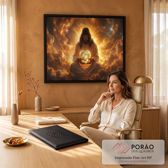 Quadro Decorativo Grande Figura Sagrada Dourado para Sala | quadros decorativos | figura sagrada de manto claro segurando coração dourado em nebulosa estelar laranja | em ambiente 2 | Porao dos Quadros