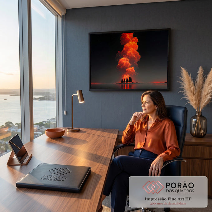 Nuvem de fogo laranja subindo sobre pinheiros refletidos no lago sob céu estrelado, quadro decorativo