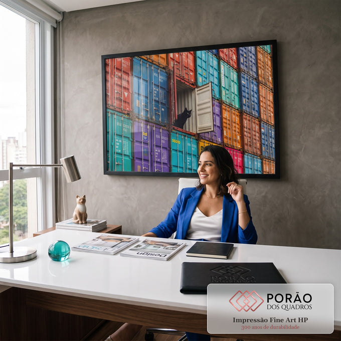 Quadro Decorativo Grande Gato Preto Vermelho para Sala | quadros decorativos | gato preto espiando de dentro de contêiner branco entre contêineres coloridos | em ambiente 2 | Porao dos Quadros