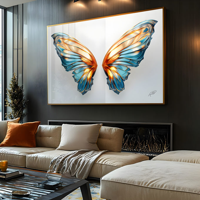 Asas de borboleta em vidro azul e laranja iluminado sobre fundo branco, quadro decorativo