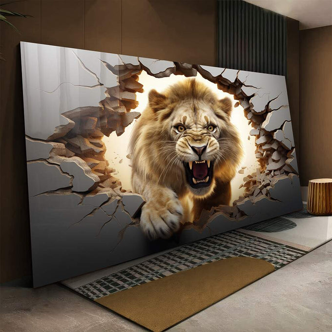 Quadro Decorativo Premium: Leão Quebrando Parede em Aura Dourada - quadros decorativos para sala 1 Tela, 1 Tela Horizontal - em ambiente decorado