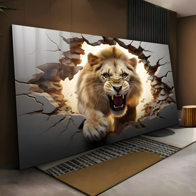 Leão dourado rugindo saltando de parede cinza rachada com luz ao fundo em efeito 3D, quadro decorativo