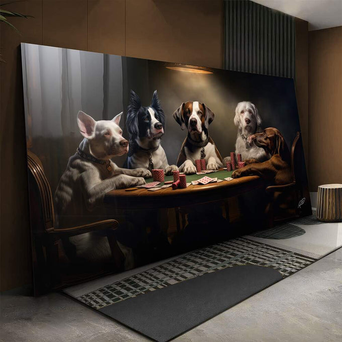 Quadro Decorativo Cachorros Jogando Poker  Arte Divertida e Elegante para Sua Decoração - quadros decorativos para sala 1 Tela, 1 Tela Horizontal - em ambiente decorado