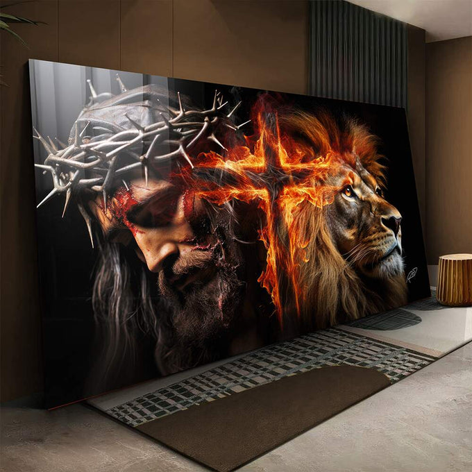 Quadro Decorativo Família de Judá: Cruz em Chamas - Arte com Significado e Estilo - quadros decorativos para sala 1 Tela, 1 Tela Horizontal - em ambiente decorado