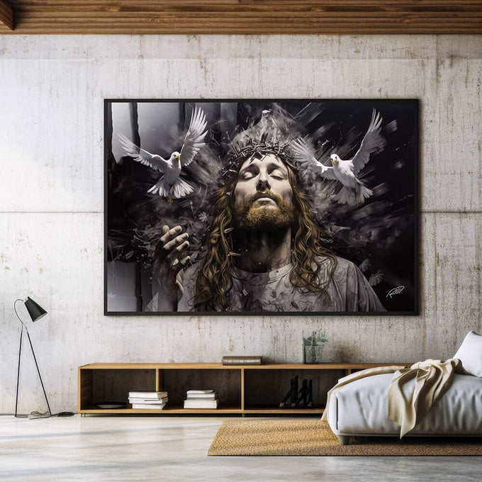 Quadro Decorativo Jesus - Elegância e Espiritualidade em Tecido Canvas Dourado - quadros decorativos para sala 1 Tela, 1 Tela Horizontal - em ambiente decorado