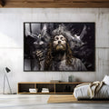 Jesus de olhos fechados com coroa de espinhos e duas pombas brancas em fundo preto, quadro decorativo