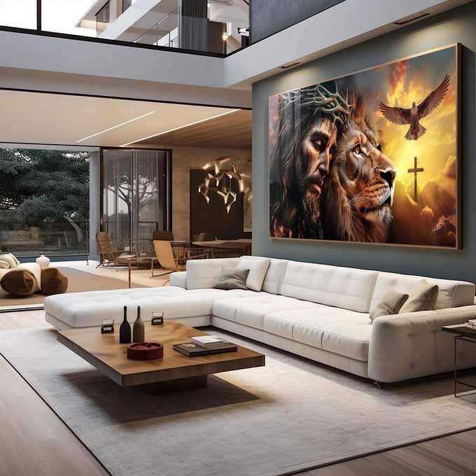 Quadro Decorativo Leão de Judá e Cristo ao Pôr do Sol - quadros decorativos 1 Tela, 1 Tela Horizontal - em escritorio elegante