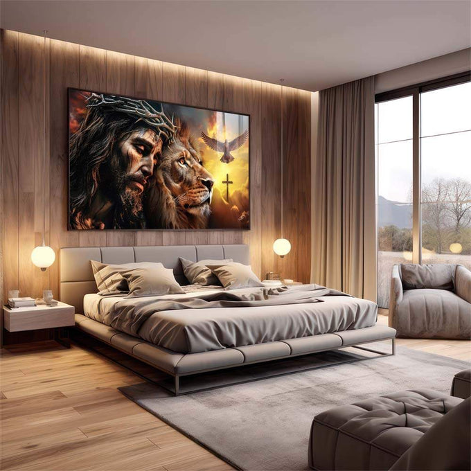 Quadro Decorativo Leão de Judá e Cristo ao Pôr do Sol - quadros decorativos 1 Tela, 1 Tela Horizontal - em sala moderna