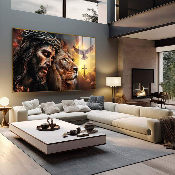 Quadro Decorativo Leão de Judá e Cristo ao Pôr do Sol - quadros decorativos para sala 1 Tela, 1 Tela Horizontal - em living room premium