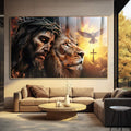 Quadro Decorativo Leão de Judá e Cristo ao Pôr do Sol - quadros decorativos para sala 1 Tela, 1 Tela Horizontal - em ambiente decorado
