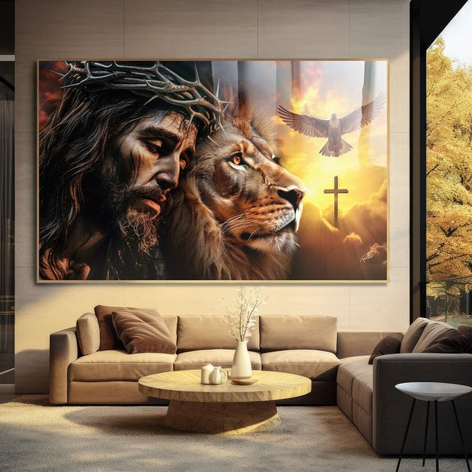 Quadro Decorativo Leão de Judá e Cristo ao Pôr do Sol - quadros decorativos para sala 1 Tela, 1 Tela Horizontal - em ambiente decorado