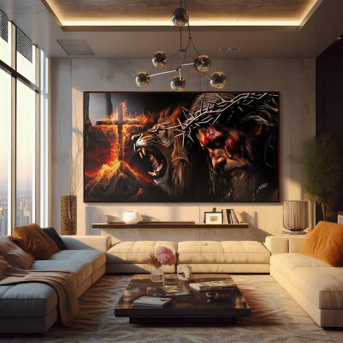 Quadro Decorativo Leão de Judá e Cristo - quadros decorativos para sala 1 Tela, 1 Tela Horizontal - em ambiente decorado