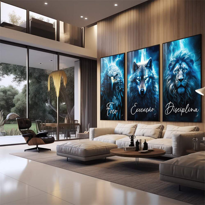 Quadro Decorativo Motivacional Foco, Disciplina e Execução - Azul Vibrante - quadros decorativos para sala 1 Tela Vertical, 3 Telas - em quarto contemporaneo