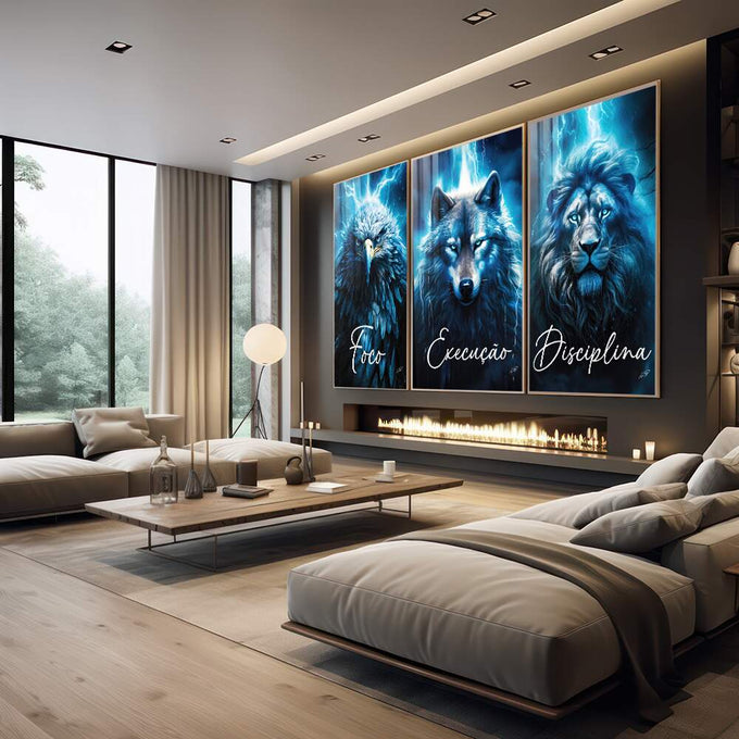 Quadro Decorativo Motivacional Foco, Disciplina e Execução - Azul Vibrante - quadros decorativos 1 Tela Vertical, 3 Telas - em escritorio elegante