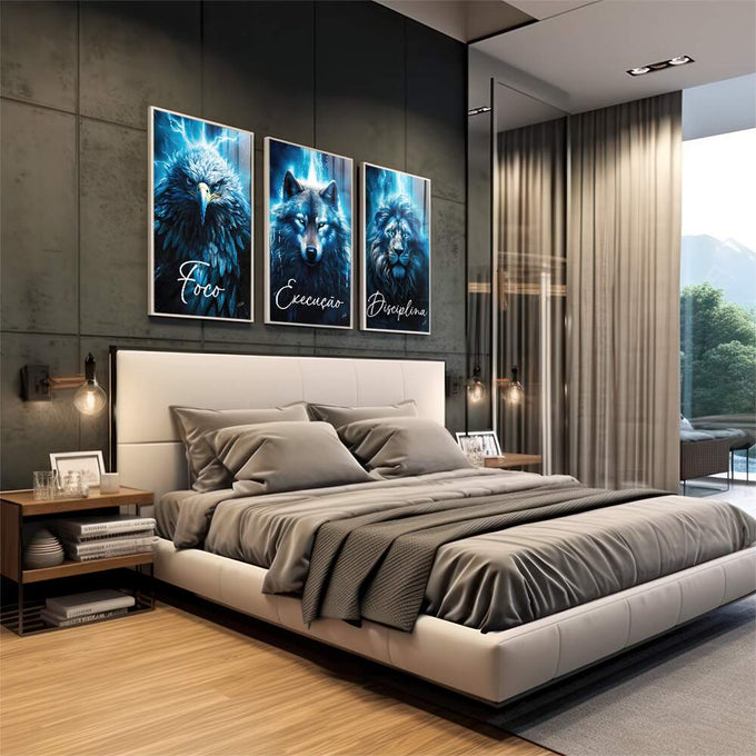 Quadro Decorativo Motivacional Foco, Disciplina e Execução - Azul Vibrante - quadros decorativos para sala 1 Tela Vertical, 3 Telas - em living room premium