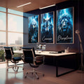 Quadro Decorativo Motivacional Foco, Disciplina e Execução - Azul Vibrante - quadros decorativos 1 Tela Vertical, 3 Telas - em sala moderna