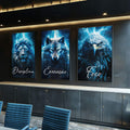 Quadro Decorativo Motivacional Foco, Disciplina e Execução - Azul Vibrante - quadros decorativos para sala 1 Tela Vertical, 3 Telas - em ambiente decorado