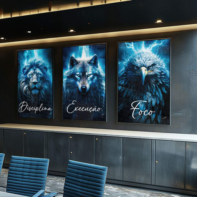 Quadro Decorativo Motivacional Foco, Disciplina e Execução - Azul Vibrante - quadros decorativos para sala 1 Tela Vertical, 3 Telas - em ambiente decorado