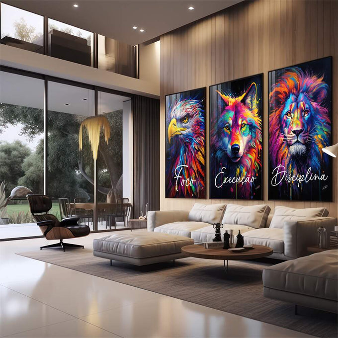 Quadro Decorativo Foco, Execução e Disciplina Colorido - quadros decorativos 1 Tela Vertical, 3 Telas - em sala moderna