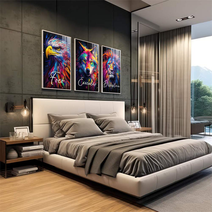 Quadro Decorativo Foco, Execução e Disciplina Colorido - quadros decorativos 1 Tela Vertical, 3 Telas - em escritorio elegante