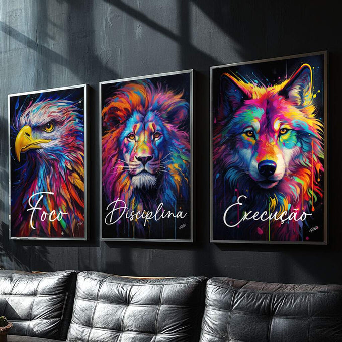 Quadro Decorativo Foco, Execução e Disciplina Colorido - quadros decorativos para sala 1 Tela Vertical, 3 Telas - em ambiente decorado
