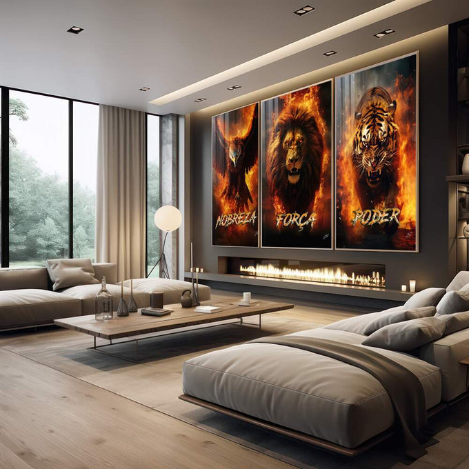 Quadro Decorativo \'Força, Nobreza e Poder\': A Arte que Transforma Seu Espaço - quadros decorativos 1 Tela Vertical, 3 Telas - em escritorio elegante