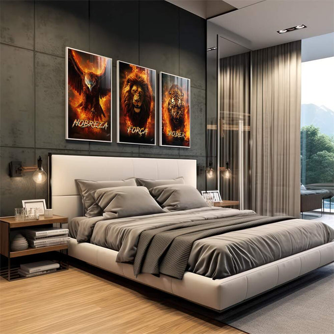 Quadro Decorativo \'Força, Nobreza e Poder\': A Arte que Transforma Seu Espaço - quadros decorativos para sala 1 Tela Vertical, 3 Telas - em living room premium