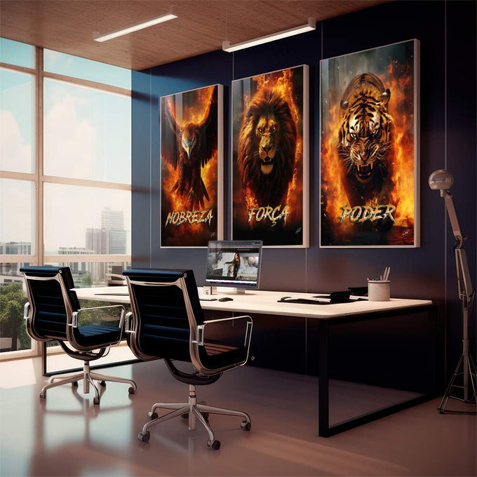 Quadro Decorativo \'Força, Nobreza e Poder\': A Arte que Transforma Seu Espaço - quadros decorativos 1 Tela Vertical, 3 Telas - em sala moderna