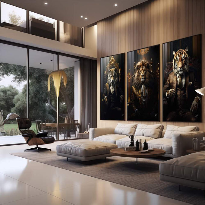 Quadro Decorativo Três Animais Executivos - Estilo Sofisticado para Sua Decoração - quadros decorativos para sala 1 Tela Vertical, 3 Telas - em living room premium