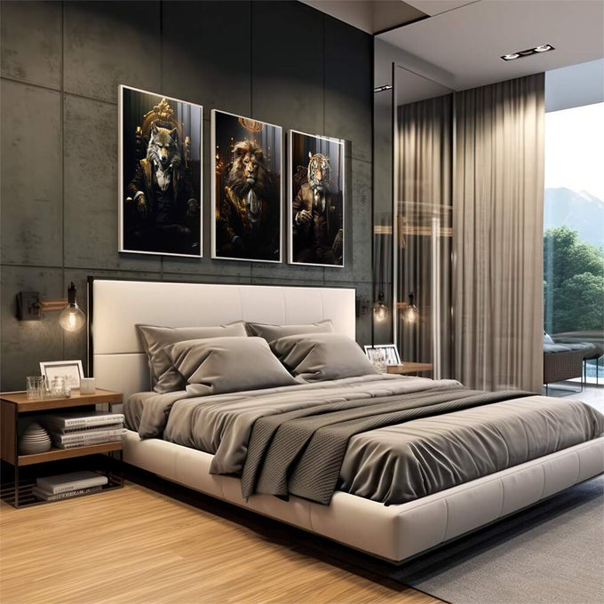 Quadro Decorativo Três Animais Executivos - Estilo Sofisticado para Sua Decoração - quadros decorativos para sala 1 Tela Vertical, 3 Telas - em quarto contemporaneo