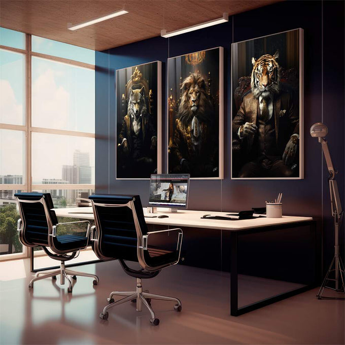 Quadro Decorativo Três Animais Executivos - Estilo Sofisticado para Sua Decoração - quadros decorativos 1 Tela Vertical, 3 Telas - em escritorio elegante