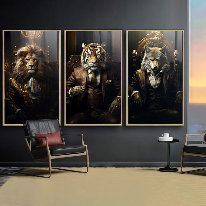 Quadro Decorativo Três Animais Executivos - Estilo Sofisticado para Sua Decoração - quadros decorativos para sala 1 Tela Vertical, 3 Telas - em ambiente decorado
