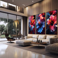 Quadro Decorativo Trio de Flores de Hibisco - Elegância e Vitalidade para sua Parede - quadros decorativos para sala 1 Tela Vertical, 3 Telas - em quarto contemporaneo