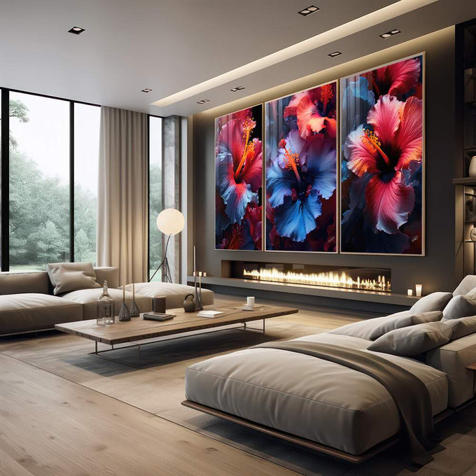 Quadro Decorativo Trio de Flores de Hibisco - Elegância e Vitalidade para sua Parede - quadros decorativos 1 Tela Vertical, 3 Telas - em escritorio elegante