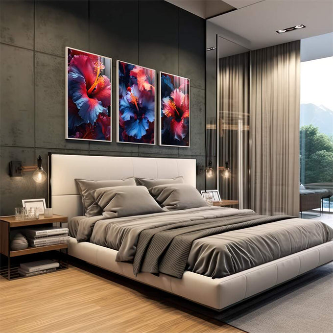 Quadro Decorativo Trio de Flores de Hibisco - Elegância e Vitalidade para sua Parede - quadros decorativos para sala 1 Tela Vertical, 3 Telas - em living room premium