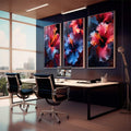 Quadro Decorativo Trio de Flores de Hibisco - Elegância e Vitalidade para sua Parede - quadros decorativos 1 Tela Vertical, 3 Telas - em sala moderna