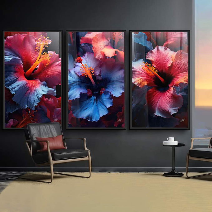 Quadro Decorativo Trio de Flores de Hibisco - Elegância e Vitalidade para sua Parede - quadros decorativos para sala 1 Tela Vertical, 3 Telas - em ambiente decorado
