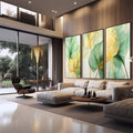 Quadro Decorativo Trio Moderno: Folhagem Dourada e Verde para Ambientes Sofisticados - quadros decorativos para sala 1 Tela Vertical, 3 Telas - em quarto contemporaneo