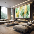 Quadro Decorativo Trio Moderno: Folhagem Dourada e Verde para Ambientes Sofisticados - quadros decorativos 1 Tela Vertical, 3 Telas - em escritorio elegante