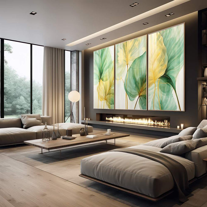 Quadro Decorativo Trio Moderno: Folhagem Dourada e Verde para Ambientes Sofisticados - quadros decorativos 1 Tela Vertical, 3 Telas - em escritorio elegante