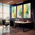 Quadro Decorativo Trio Moderno: Folhagem Dourada e Verde para Ambientes Sofisticados - quadros decorativos 1 Tela Vertical, 3 Telas - em sala moderna