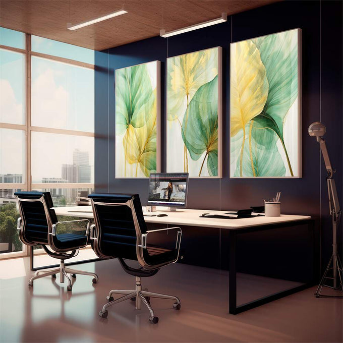 Quadro Decorativo Trio Moderno: Folhagem Dourada e Verde para Ambientes Sofisticados - quadros decorativos 1 Tela Vertical, 3 Telas - em sala moderna