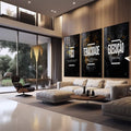 Quadro Decorativo Motivacional Trio: Foco, Execução e Tenacidade - Arte Inspiradora para Sua Casa - quadros decorativos para sala 1 Tela Vertical, 3 Telas - em quarto contemporaneo